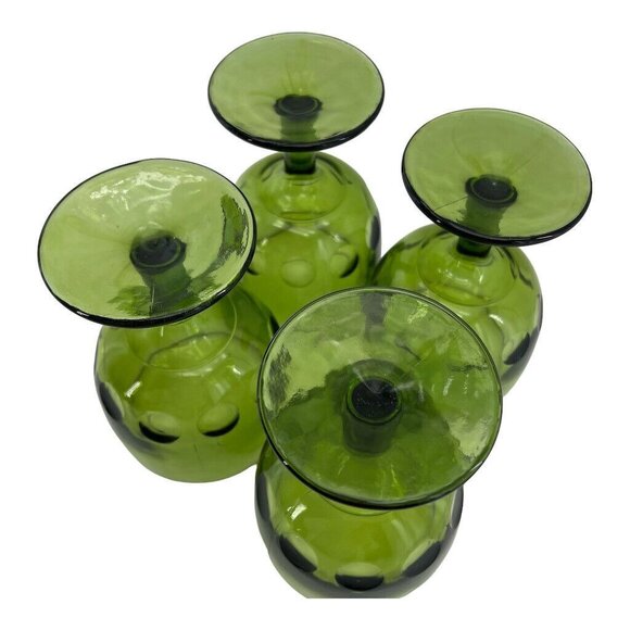 Set Of 4 Green Coin Dot Bartlett Collins Goblets Footed Thumbprint Pedestal Glas - Picture 13 of 13